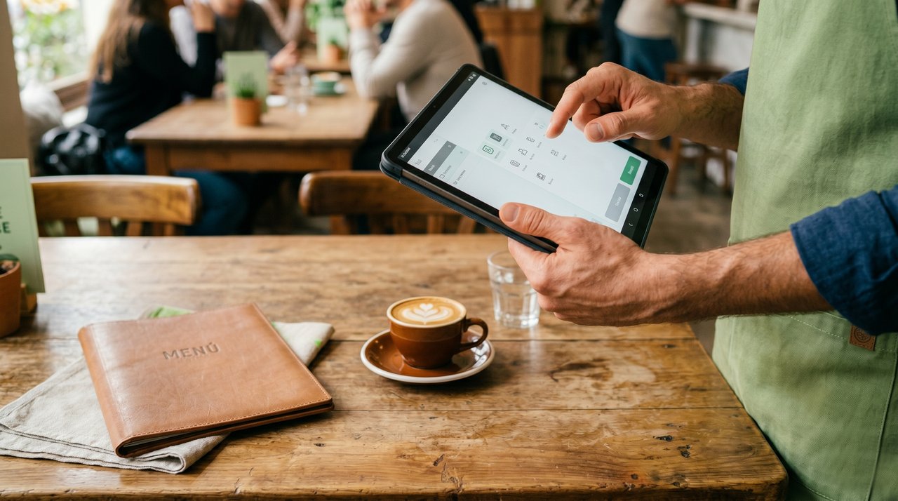 Mozo con tablet tomando comanda en mesa de caf&eacute;
