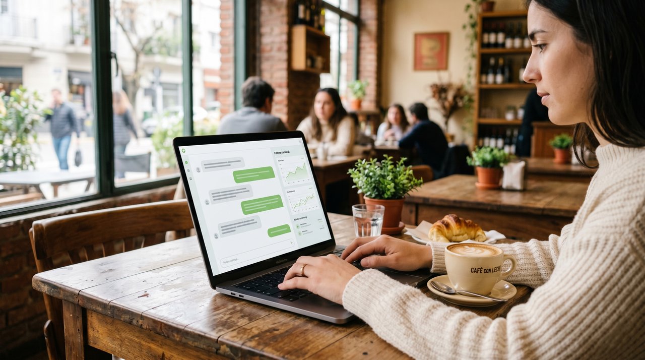 Laptop con chat AI conversacional en cafe
