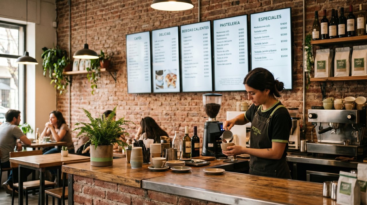Pantalla de carteleria digital en barra de cafe