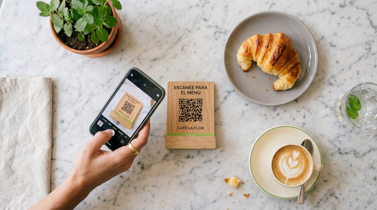 Smartphone escaneando QR en mesa de cafe